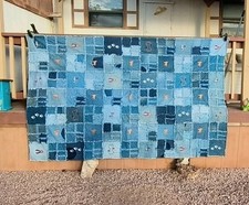 Large Golden Retriever Puppy Dog Denim Jean Quilt Patchwork 60" x 90" Cabin OOAK