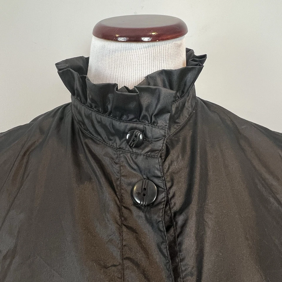 Totes Black Gothic Raincoat Womens Size 14 Ruffle Neck Puff Shoulder with Belt - Image 3 of 4