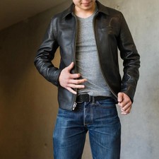 Men Black Lambskin Genuine Leather Jacket Fold Collar Zip Casual Bomber Coat