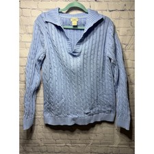 L.L.Bean Womens V-Neck Cable Knit Sweater Blue Sz L Cotton Preppy Old Money