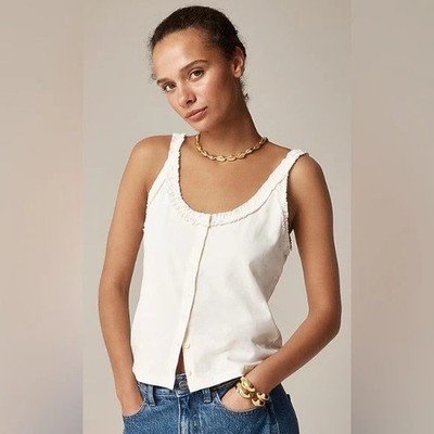 NWT J.Crew Sz S Womens Knit Ivory Tank Ruffle Trim Button Up Cotton