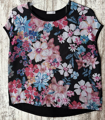 KATIE'S KLOSET Women's Size XL Black Floral Sequined Short Sleeve Blouse Top