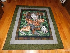 Handmade Wildlife Quilt Hand Pieced Hand Tie Owl Fox Wolf 62 x 54"