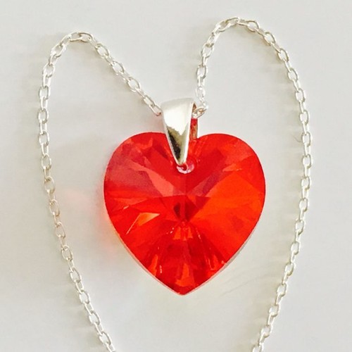 Sterling Silver Red Siam Crystal Heart Pendant Necklace & Earrings Set - 16" Adjustable, Austrian Crystals