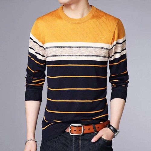 New Men's Casual Fashion Long Sleeve Striped Knitted Shirt Breathable and - Picture 13 of 27