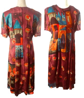 women Abstract Print Midi Dress Sz 8 Short Sleeve Multicolor Boho ALI