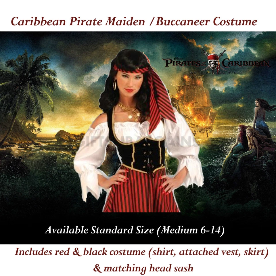 Caribbean Pirate Maiden Costume Adult Wench Women 6-14 Halloween Dress Bandana - Image 3 of 3