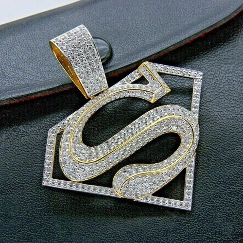 Men's 4 Ct Round Cut Lab Created Diamond Superman Pendant 14K Yellow Gold Plated - Picture 2 of 7
