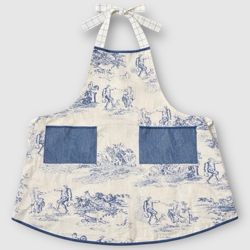 Sur La Table Blue Toile Bib Apron French Country Cotton Kitchen Apron 2 Pockets