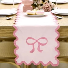 Pink Bow Table Runner 72 Inches Embroidery Scalloped Table Runner Cute Coquet...