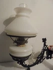 Antique Milk Glass Oil Lamp w/ Globe & Shade on Cast Iron Hanging Wall Bracket