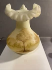 fenton burmese hand painted Nancy G. Vase 7in,  Cabin Theme.