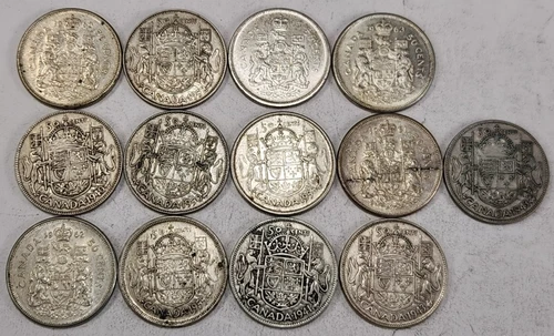 Lot of 13 Canada 80% Silver Half Dollars  1940 - 1965  50 Cents