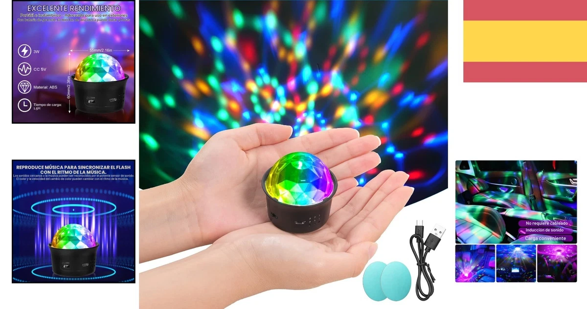 Luz de discoteca mini con 4 colores, activada por sonido, USB recargable, 5 V, 3