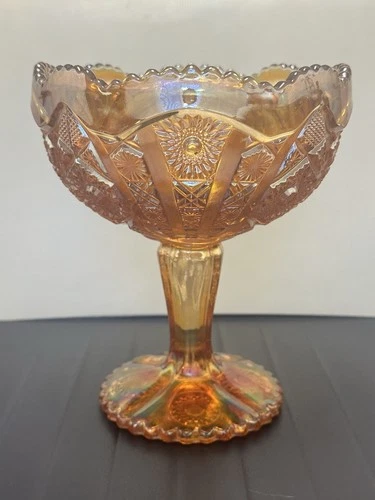 Vintage Imperial Marigold Hobstar Carnival Glass Compote/Pedestal Bowl 8” - MINT
