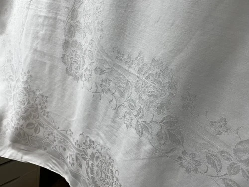 Vintage White Linen Damask Tablecloth Floral Motif 52x77