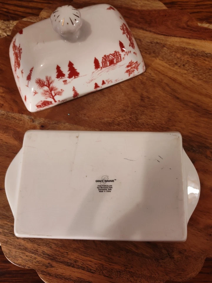 Vintage Christmas Butter Dish Red And White Grace Teaware - Image 3 of 4