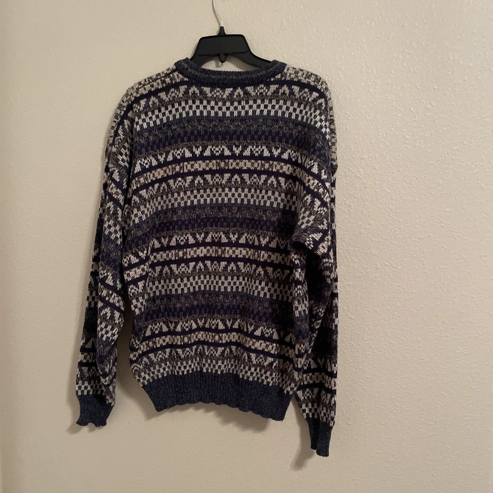 Vintage 90s Sweater Mens Basic Editions Knitted Grandpa Blue Gray L Large - Image 4 of 4