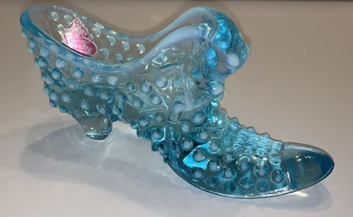 Vintage Fenton Blue Slipper Shoe Opalescent Knob Cat