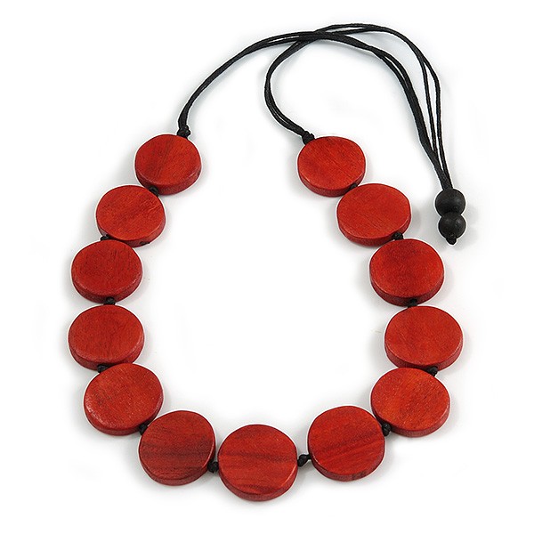 Washed Red Coloured Wood Button Bead Necklace with Black Cotton Cord - 76cm