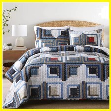 Quilt Set King Size, 3 Pieces Bedspread Coverlet Plaid Patchwork Quilt Farmho...
