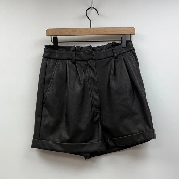 Express Faux Leather Extreme High Rise Paperbag Pleated Shorts Vegan Black 4 - Image 2 of 4