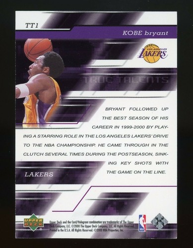 2000-01 Upper Deck KOBE BRYANT TT1 True Talents - Picture 4 of 6