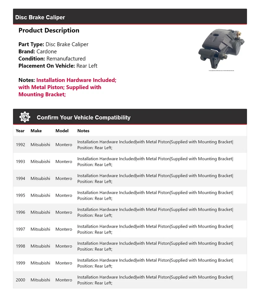 Pinza de freno de disco trasera izquierda cardone 1993 1994 para Mitsubishi Montero 1992-2000 Foto 2 de 4