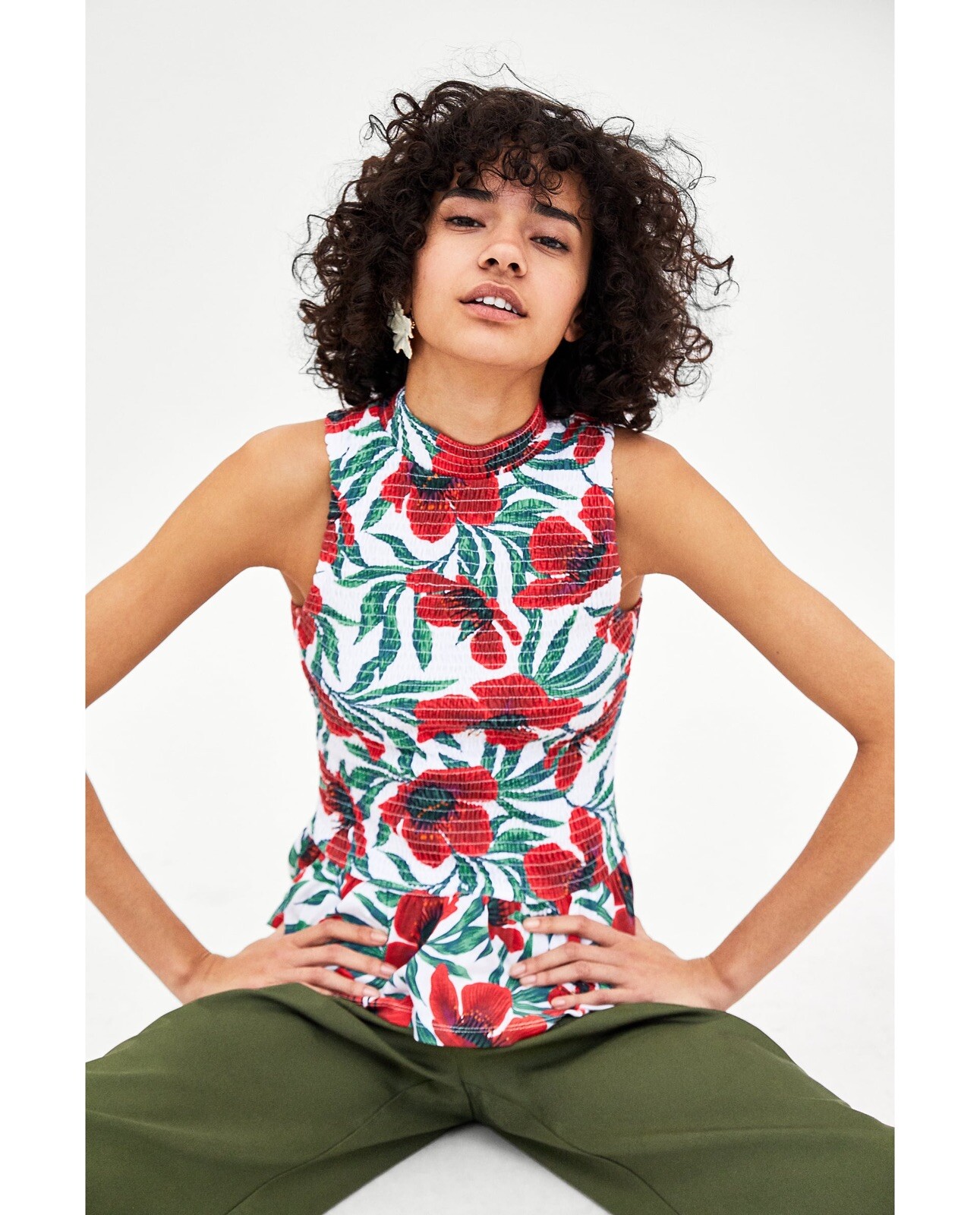 ZARA Floral Print Smocked Peplum Sleeveless Tshirt High Neck Top S eBay