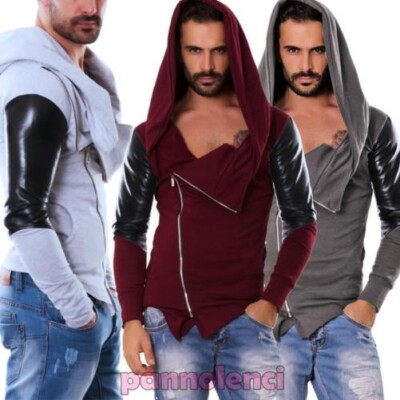 Men's Hoodie Jacket Fleece With Eco-Leather Inserts Zip New 0527
