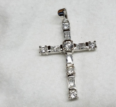 Genuine 925 STERLING SILVER Large Cross Pendant w/Clear CZ Stones NEW ...