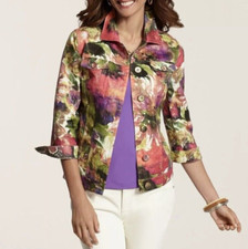 Chico's Medium Atalia Jacket Watercolor Linen Blend Shimmer Lightweight Floral