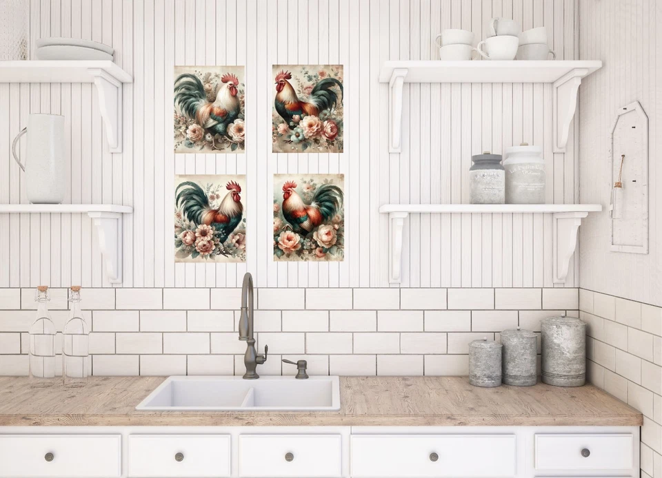 Juego de 4 impresiones en lienzo de arte de pared de gallo floral de 8x10 Foto 4 de 4