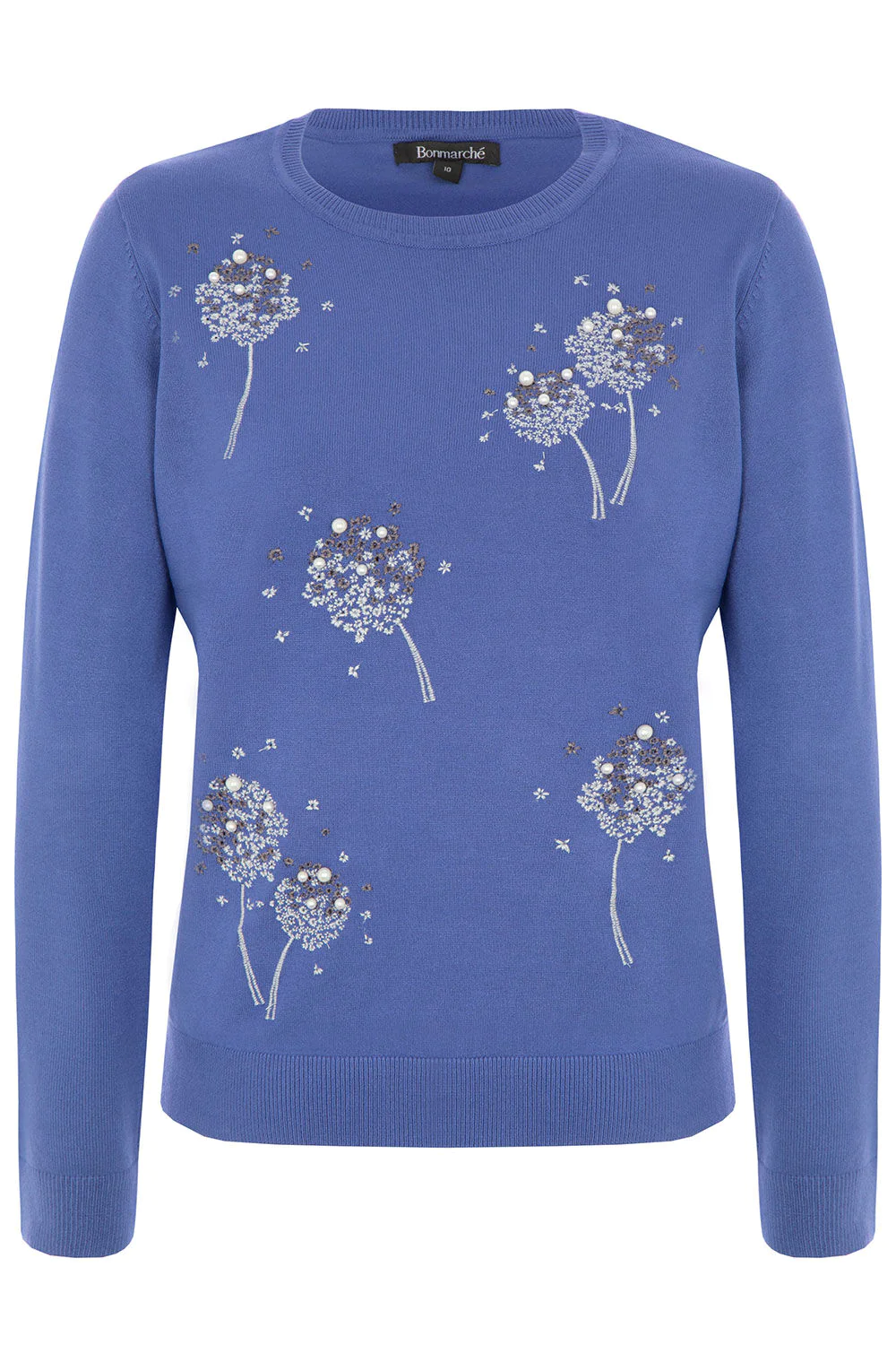 Ladies Bon Marche Pearl Embroidery Diamante Dandelion Jumper Blue Navy