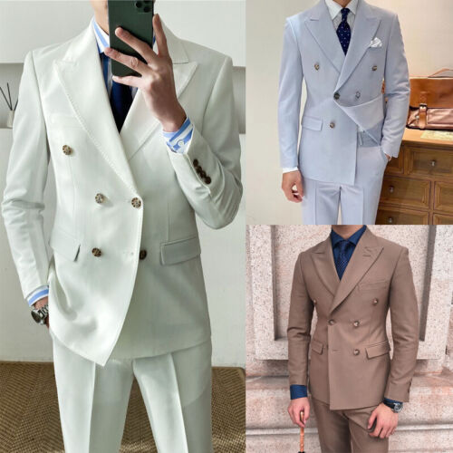 Double Breasted Men Suit Formal Business Slim Fit Wedding Groom Tuxedos Tailored - Afbeelding 1 van 16