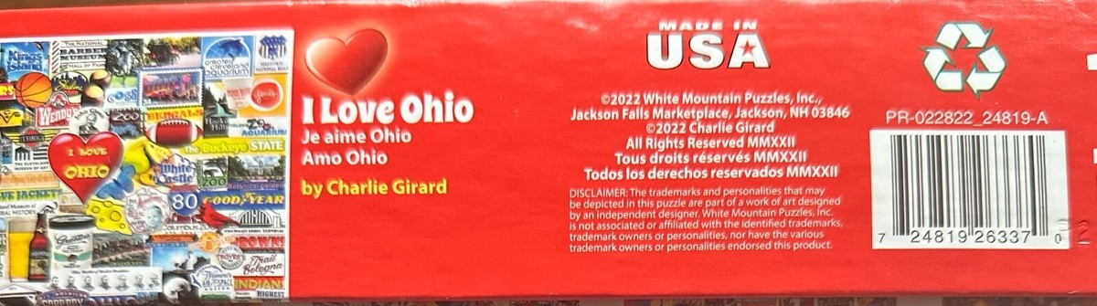 White Mountain Puzzles – 'I Love Ohio' 1000 Teile Puzzle, Fertig 76x61 Cm, Made In USA