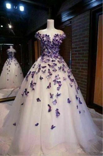 Vestidos de novia de mariposas moradas con hombros descubiertos vintage línea A vestidos de baile de novia Foto 3 de 4