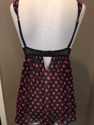 Gilligan & O’Malley S Babydoll Nighty Chemise Black W Pink Polkadots & Lace Trim - Picture 4 of 7
