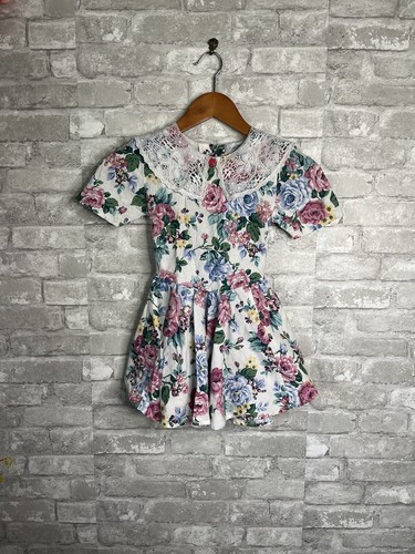 Vestido Vintage Años 90 SWAT Niños Niña Talla 6 Floral Encaje Circular Falda Corbata Espalda Espalda Corbata Espalda