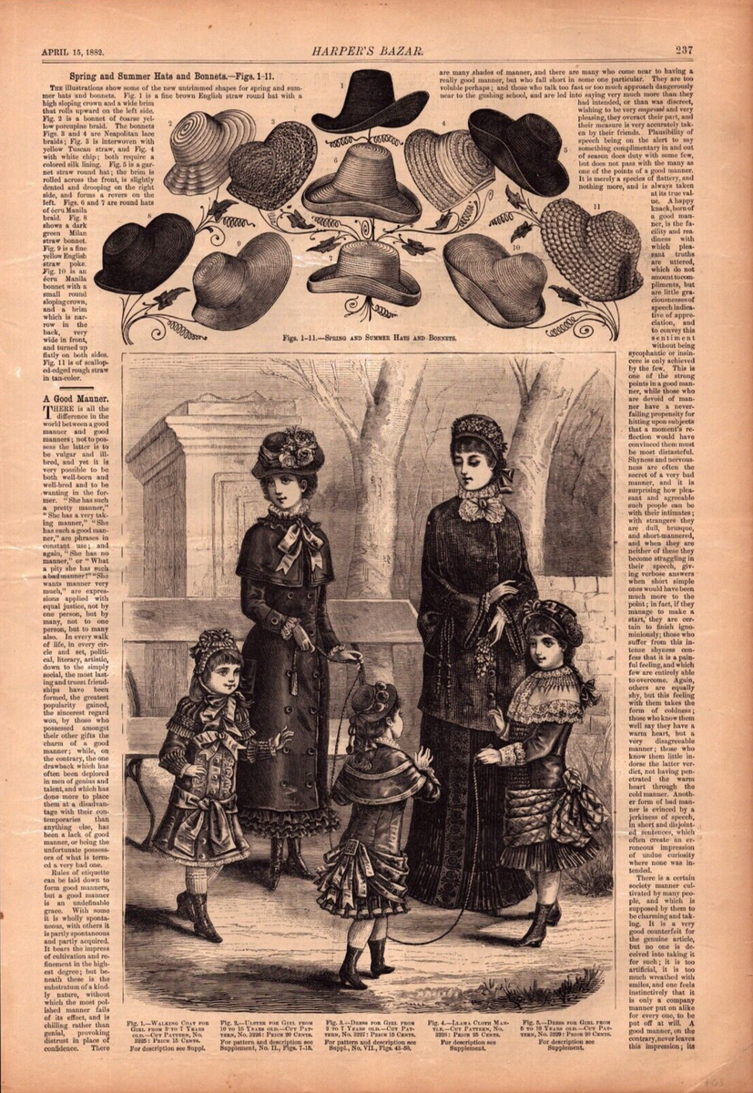 SPRING, SUMMER, HATS BONNETS Antique Fashion engraving 1882