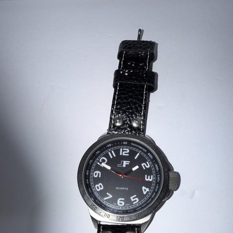JF Men's Quartz Analog Watch 100m Black Arabic Dial Black Leather Strap 45mm
