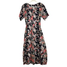 Vintage 90s Garden Maxi Dress Womens M Floral Tie Back School Teacher