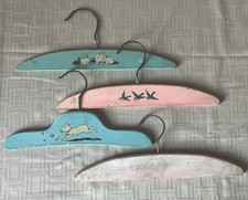 4 Vintage 1930s Painted Wooden Childs Hangers Pink Blue W/ Birds Bunnies Dogs