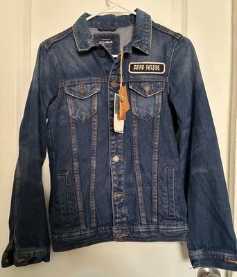 NWT-Pull&Bear Patchwork Denim Trucker Jacket with Dead Inside and Punk Graphic P