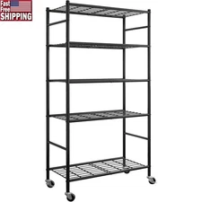 5-Tier Heavy-Duty Metal Shelving Unit W/ Adjustable Wheels Versatile Storage New