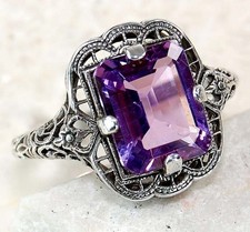 4CT Natural Amethyst 925 Solid Sterling Silver Edwardian Style Ring Sz 6,7,8 RE2