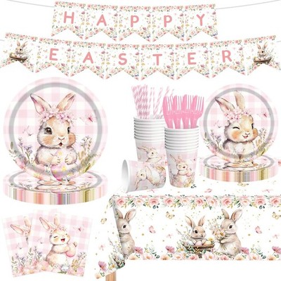 142 Pcs Happy Easter Plates and Napkins Easter Party Decorations with Banner ...