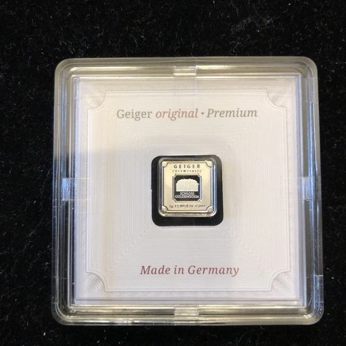 1g Geiger Original Premium Silver Bar .999 Fine in Assay. Random serial numbers.
