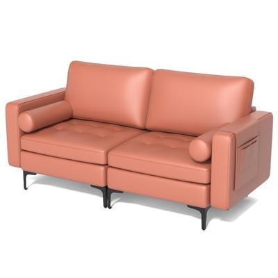 Modern Loveseat 2-Seat Sofa Couch w/ 2 Bolsters Side Storage Pocket Coral Pink