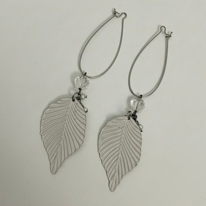 Silver Leaf Pendant Beaded Dangle Statement Earri… - image 4